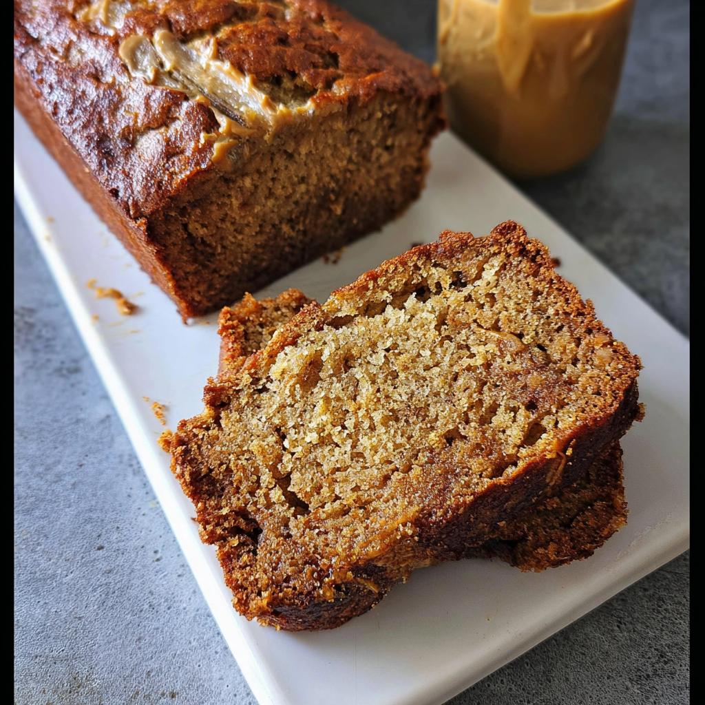 Close-up of moist Peanut Butter Banana Bread, showing two thick slices cut from the loaf.