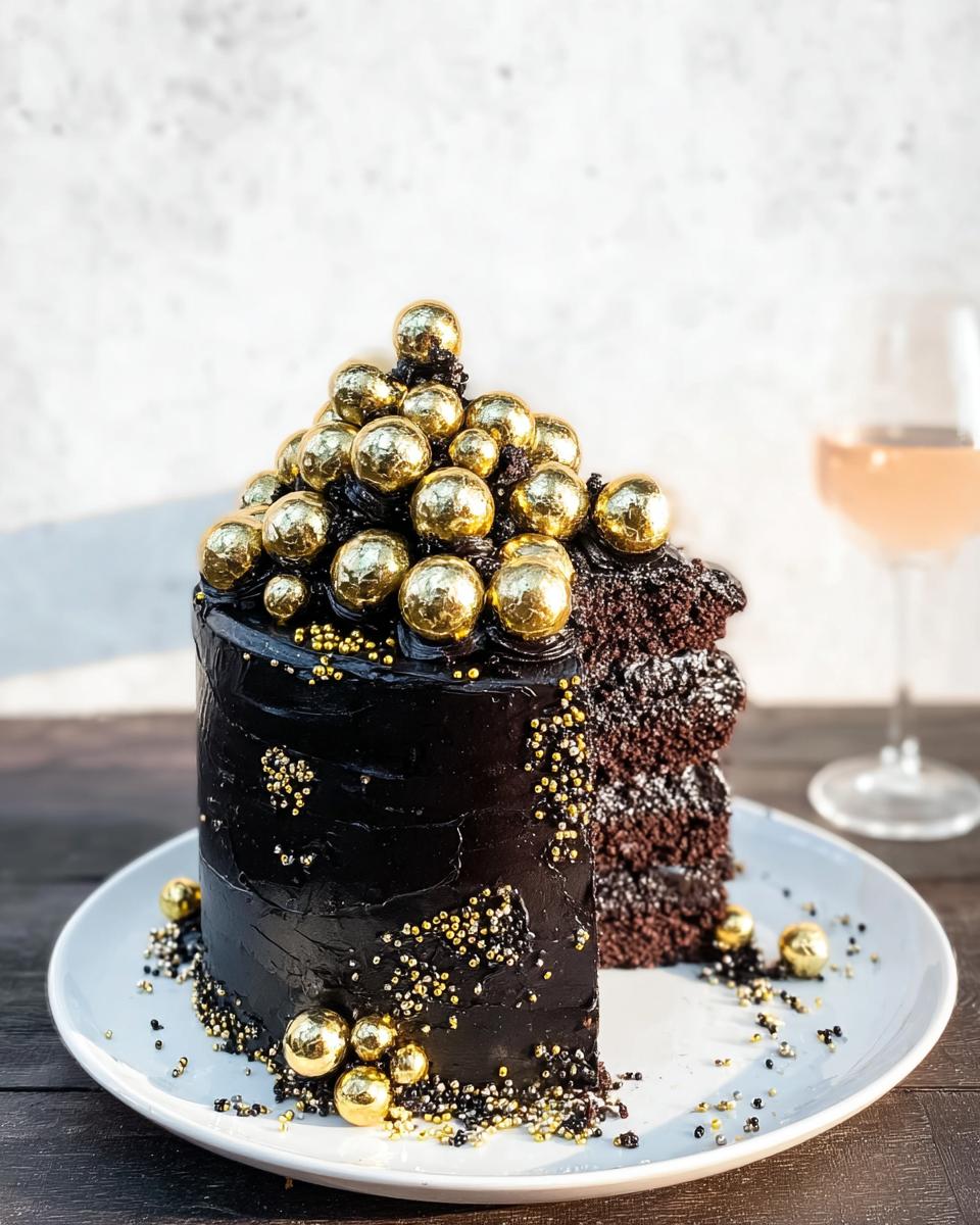 A slice removed from a dark chocolate cake topped with shiny gold spheres, perfect for New Year’s Eve Cakes.