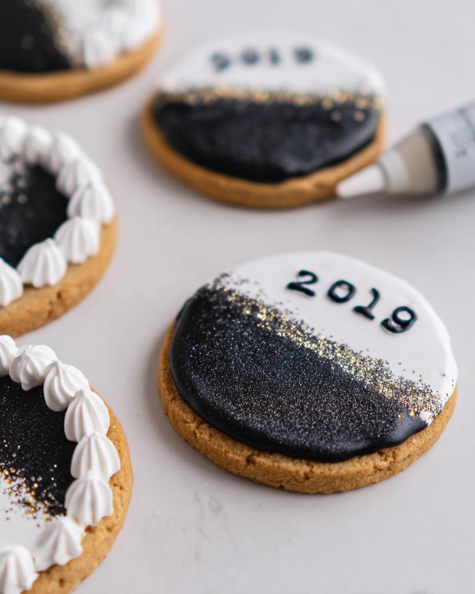 Close-up of round New Year’s Eve cookies decorated in black and white icing with edible glitter and the year '2019' written on top.