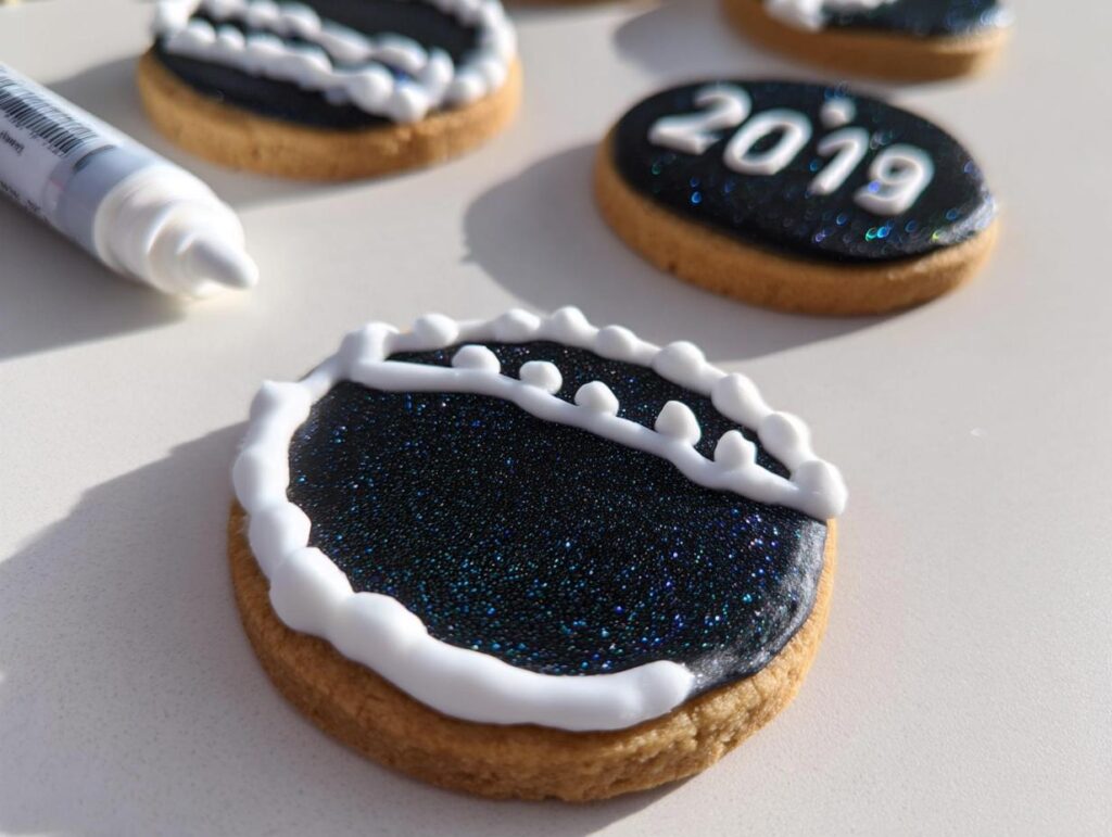Close-up of round sugar cookies decorated for New Year’s Eve, featuring dark blue edible glitter icing and white piped borders. One cookie reads '2019'.