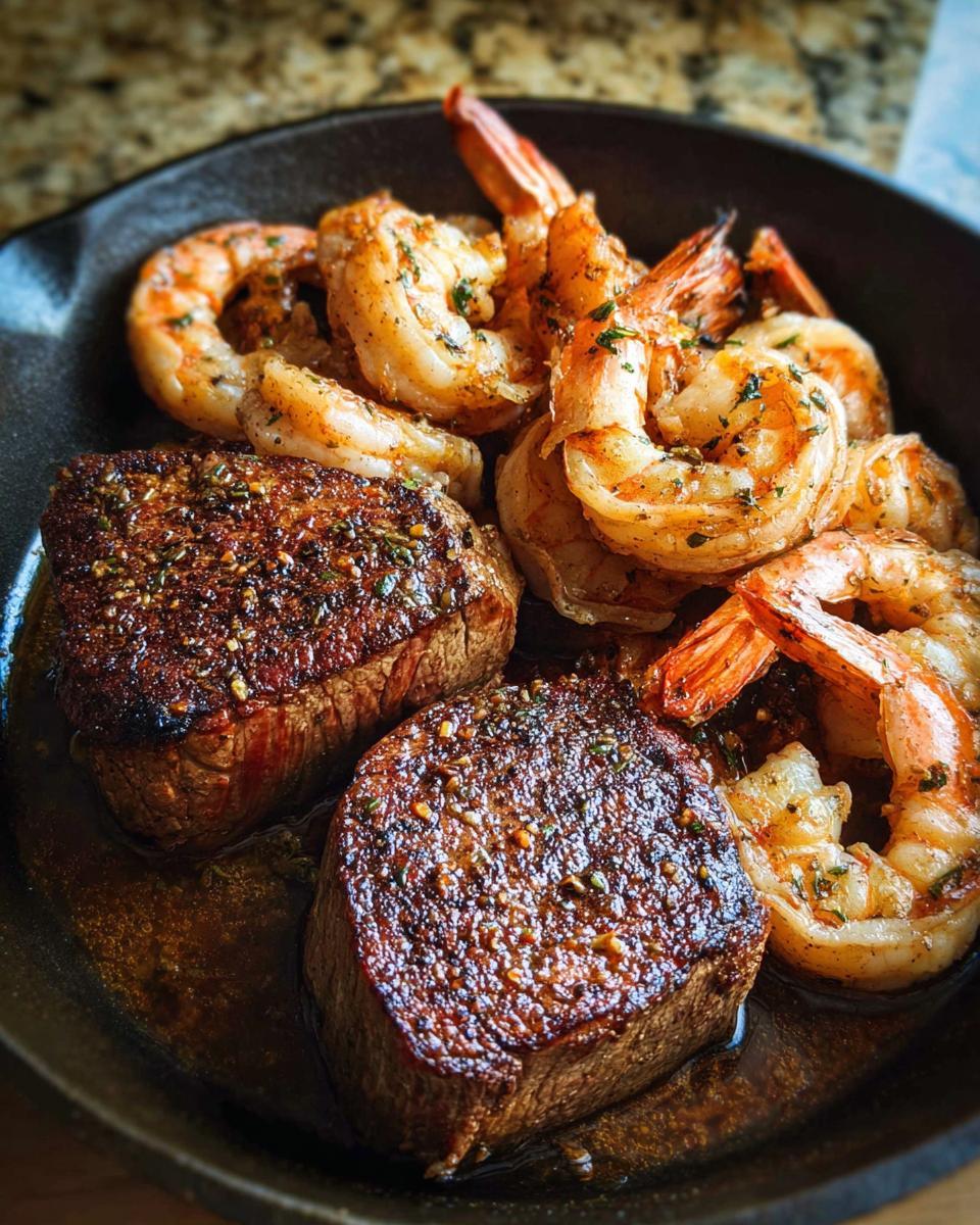 Two perfectly seared filet mignon steaks served alongside seasoned shrimp in a cast-iron skillet, showcasing the NYE Surf and Turf.