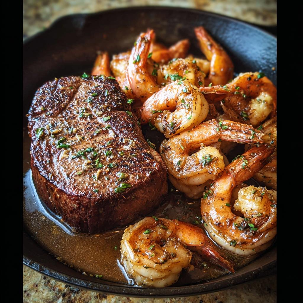 A perfectly seared steak next to seasoned shrimp in a cast iron skillet, showcasing NYE Surf and Turf.