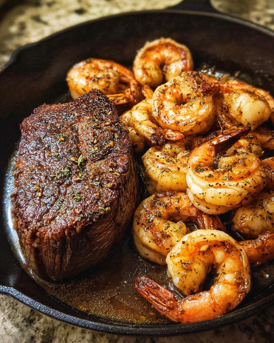 A perfectly seared steak next to seasoned shrimp in a cast iron skillet, showcasing the NYE Surf and Turf meal.