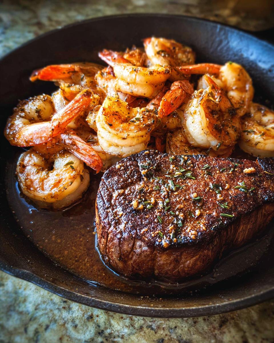 A perfectly seared steak and seasoned shrimp served together in a cast iron skillet for NYE Surf and Turf.