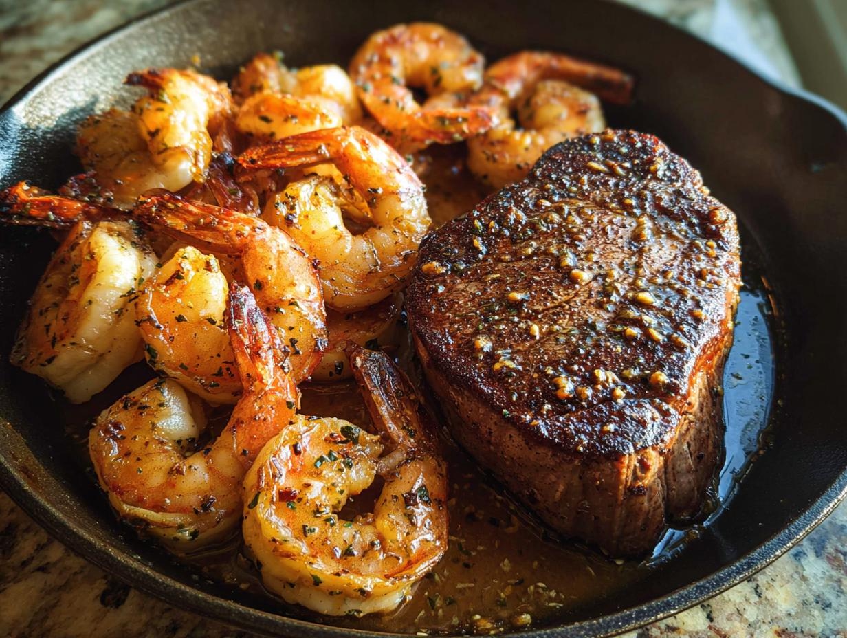 Close-up of a perfectly seared steak next to seasoned shrimp in a cast iron skillet, showcasing NYE Surf and Turf.