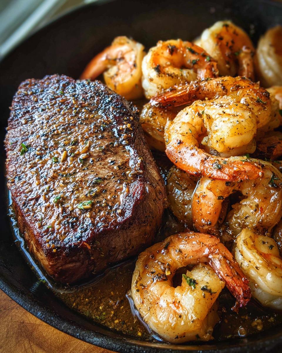 Close-up of a perfectly seared steak next to seasoned shrimp in butter sauce, highlighting the NYE Surf and Turf dish.