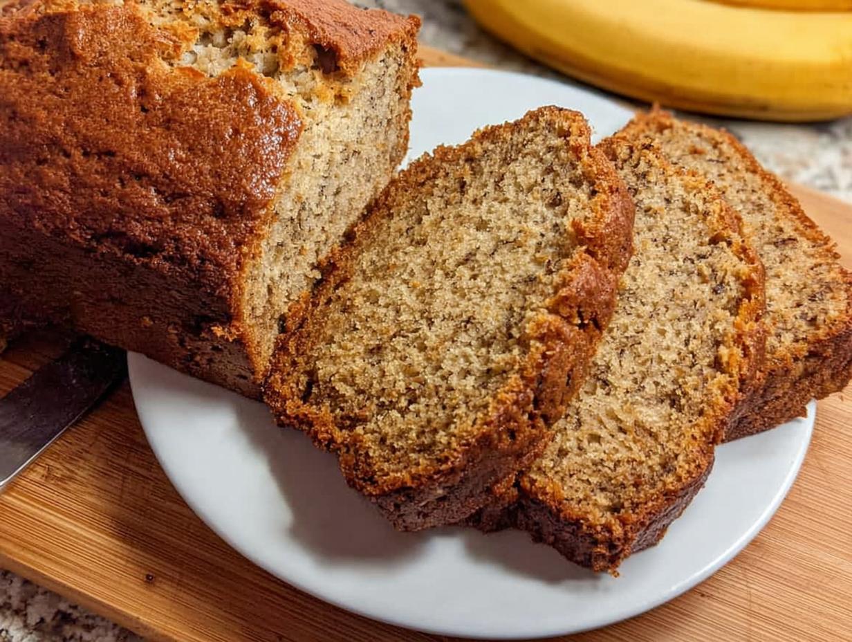 A freshly baked loaf of moist One Bowl Banana Bread, partially sliced on a white plate.