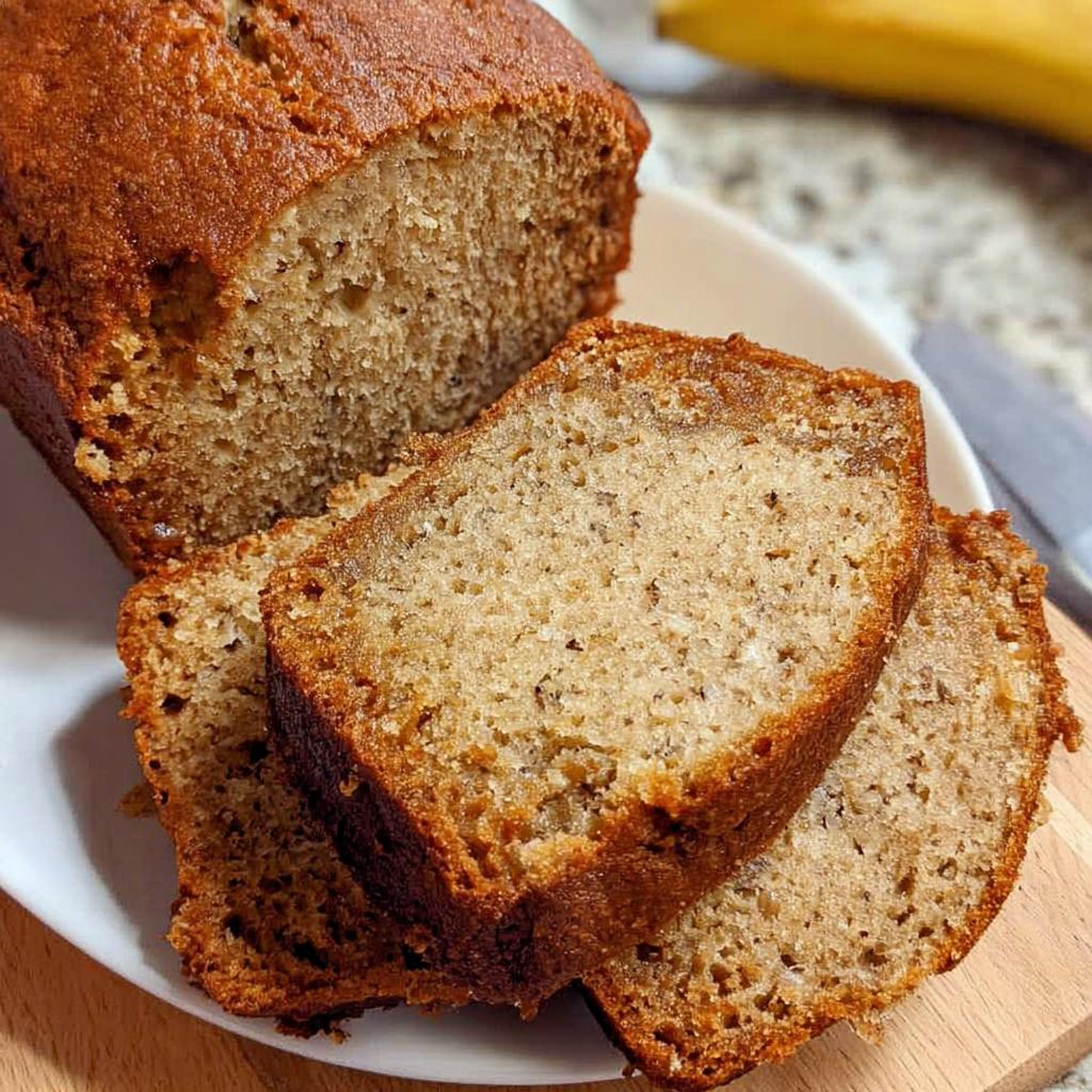 Close-up of sliced One Bowl Banana Bread showing a moist, golden-brown crumb texture.
