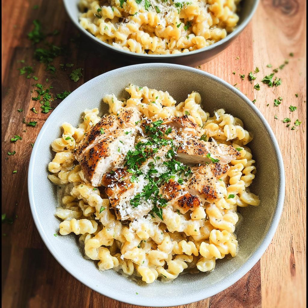 Close-up of One Pan Creamy Garlic Parmesan Chicken Pasta topped with sliced grilled chicken and parsley.