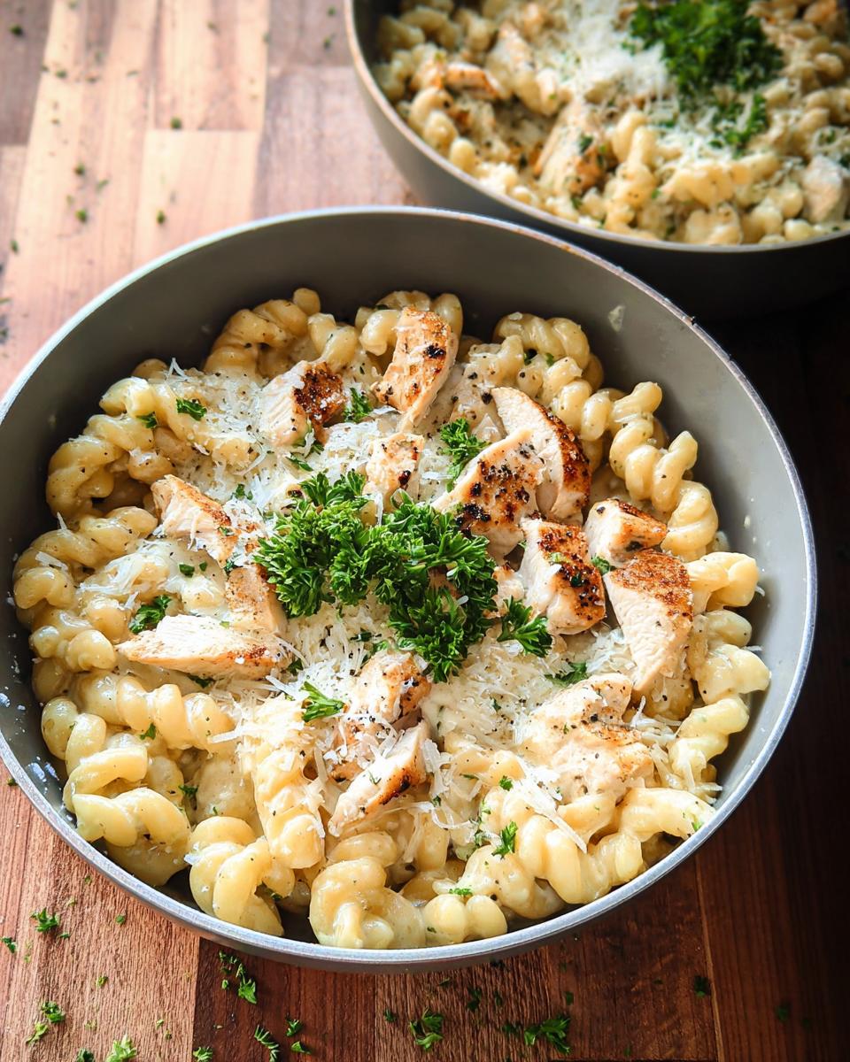 Close-up of One Pan Creamy Garlic Parmesan Chicken Pasta topped with sliced chicken and fresh parsley.