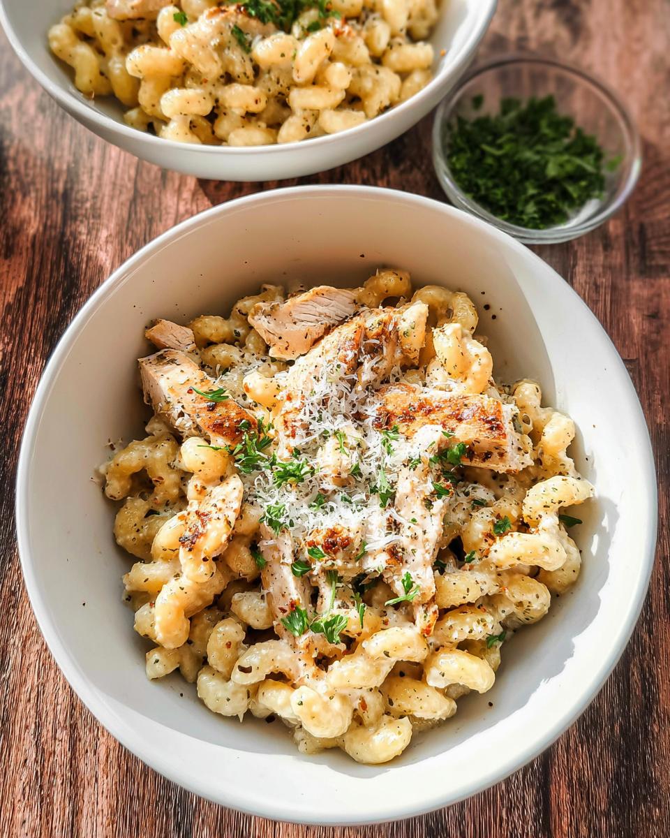 A close-up of One Pan Creamy Garlic Parmesan Chicken Pasta topped with shredded cheese and parsley.