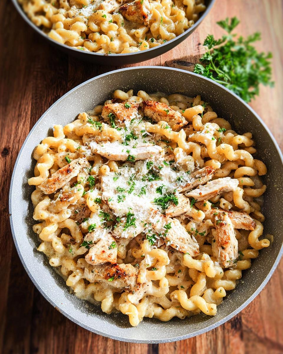 Close-up of One Pan Creamy Garlic Parmesan Chicken Pasta topped with grated cheese and parsley.