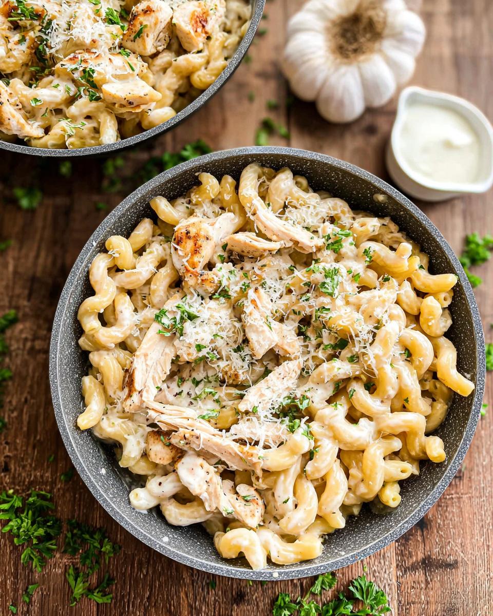 Close-up of One Pan Creamy Garlic Parmesan Chicken Pasta topped with shredded cheese and parsley.