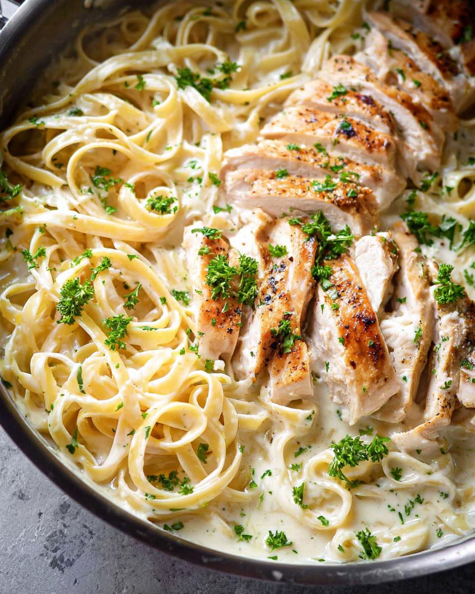 Close-up of creamy One-Pot Chicken Alfredo pasta with sliced grilled chicken breast and fresh parsley.