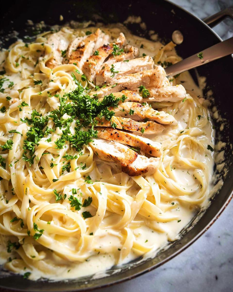 Close-up of creamy One-Pot Chicken Alfredo pasta topped with sliced grilled chicken and fresh parsley.