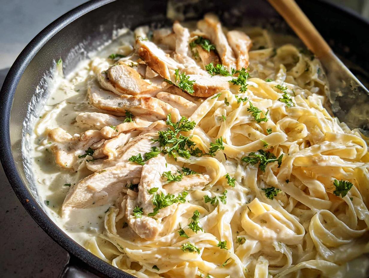 Close-up of creamy One-Pot Chicken Alfredo pasta with sliced chicken breast and fresh parsley.