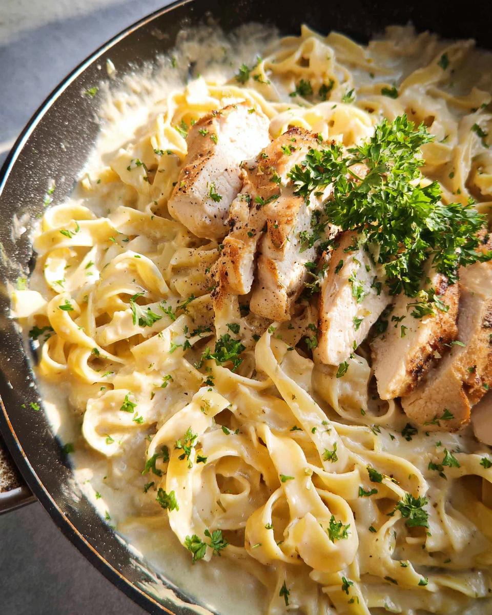 Close-up of creamy One-Pot Chicken Alfredo with sliced chicken breast and fresh parsley in a skillet.