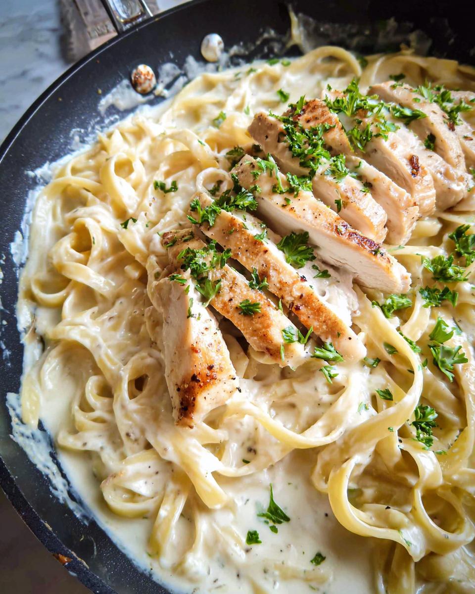 Close-up of creamy One-Pot Chicken Alfredo pasta with sliced grilled chicken and parsley garnish in a skillet.