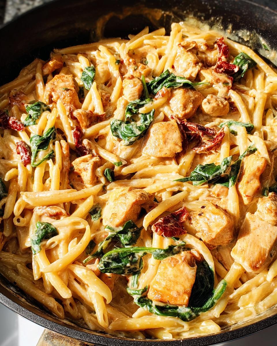 Close-up overhead shot of One Pot Creamy Tuscan Chicken Pasta with spinach and sun-dried tomatoes in a dark skillet.