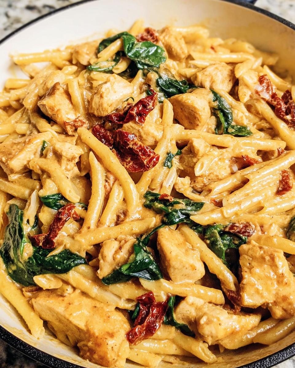 Close-up of creamy pasta mixed with chicken chunks, spinach, and sun-dried tomatoes in a bowl, featuring the One Pot Creamy Tuscan Chicken Pasta Recipe.