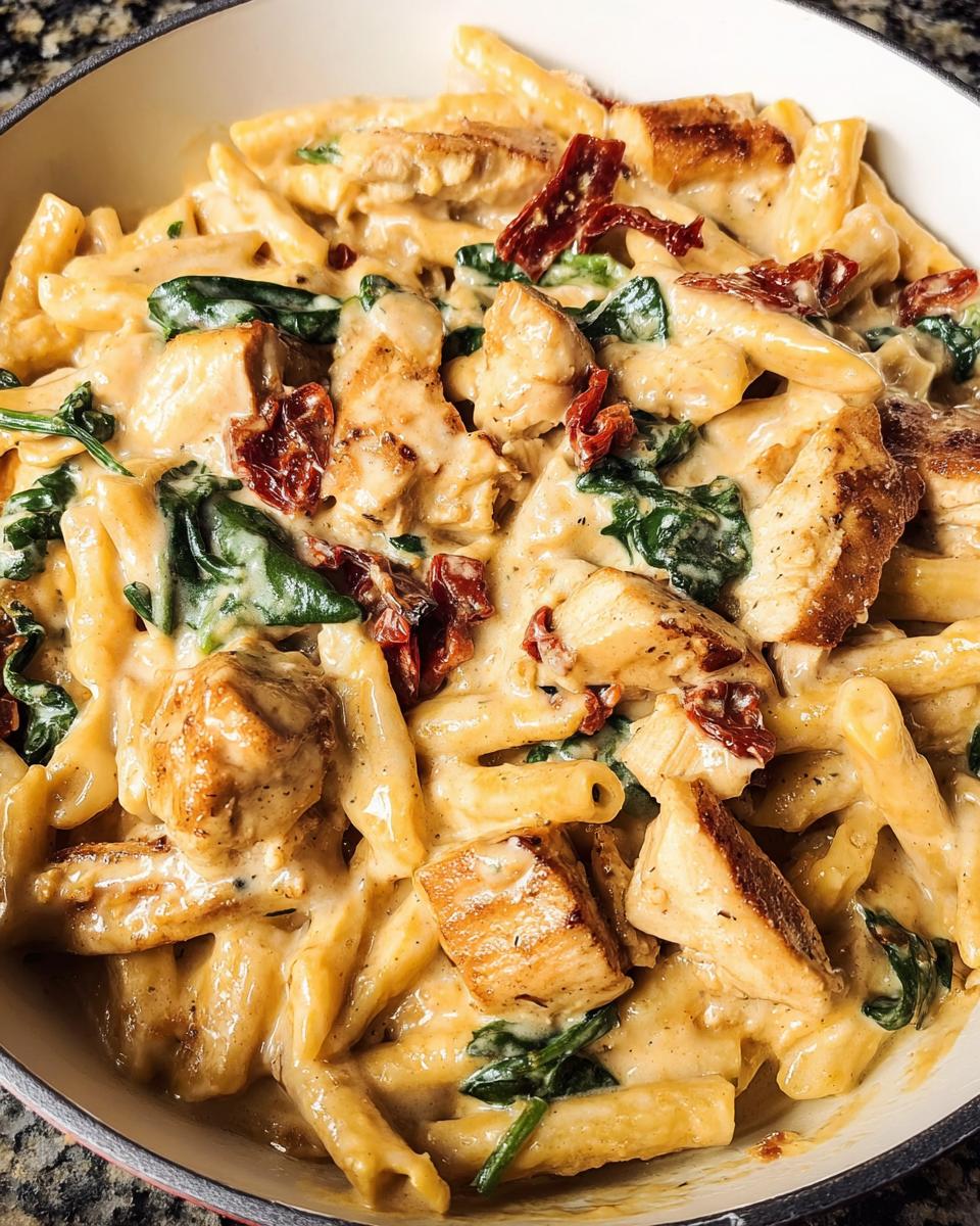 A close-up shot of One Pot Creamy Tuscan Chicken Pasta featuring penne pasta, creamy sauce, chicken chunks, spinach, and sun-dried tomatoes.