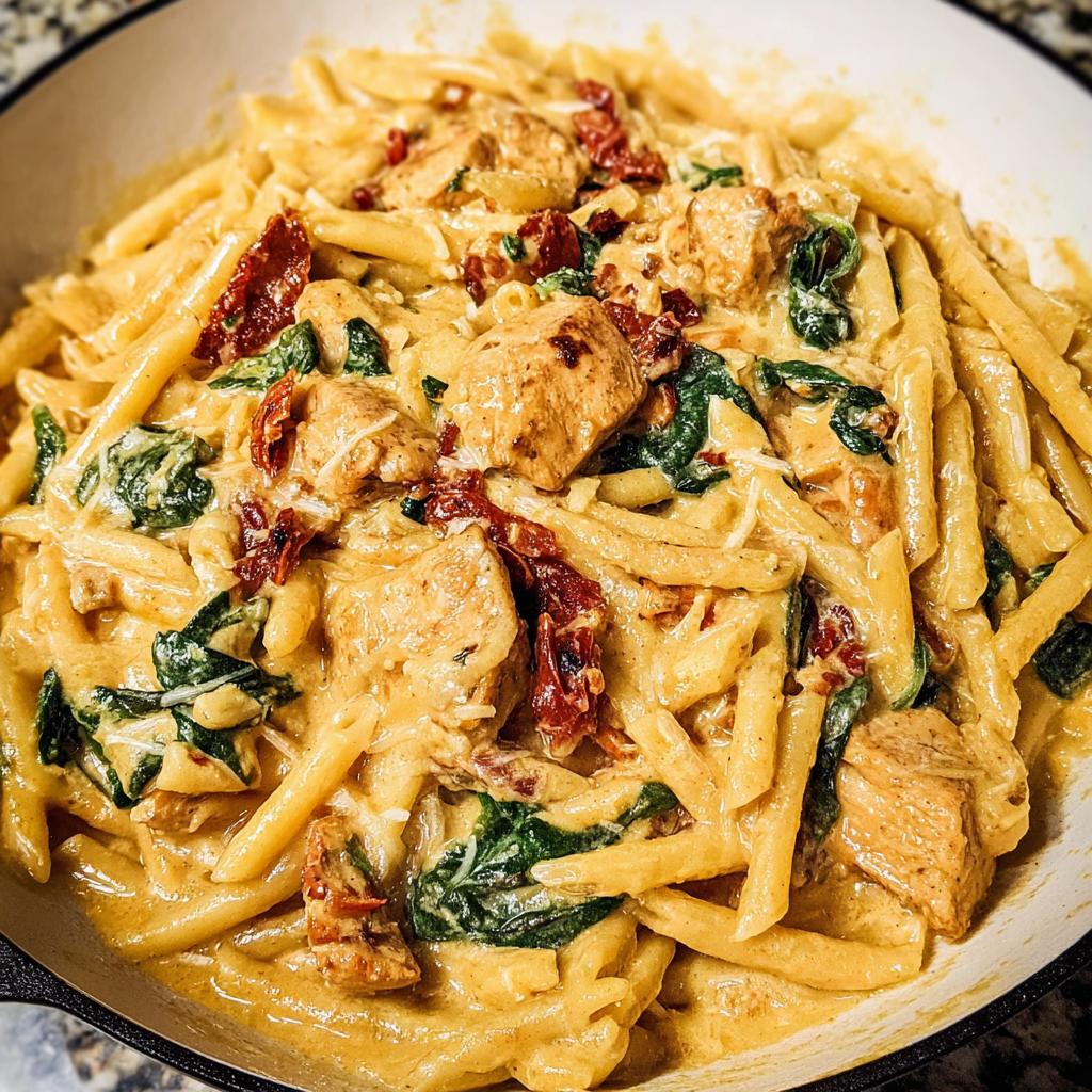 A close-up view of the One Pot Creamy Tuscan Chicken Pasta, featuring penne pasta, chunks of chicken, spinach, and sun-dried tomatoes in a rich sauce.