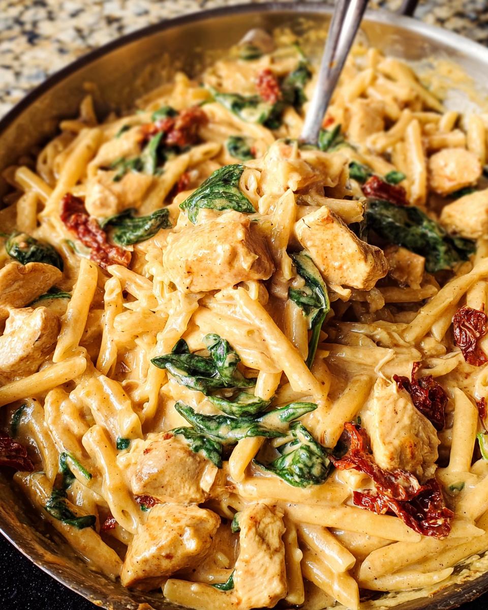 A close-up view of One Pot Creamy Tuscan Chicken Pasta mixed with spinach and sun-dried tomatoes in a skillet.