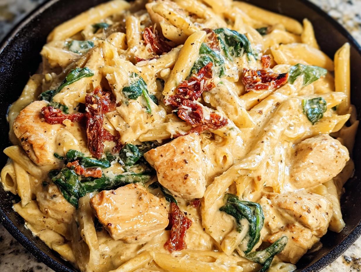Close-up of One Pot Creamy Tuscan Chicken Pasta with penne, spinach, and sun-dried tomatoes.