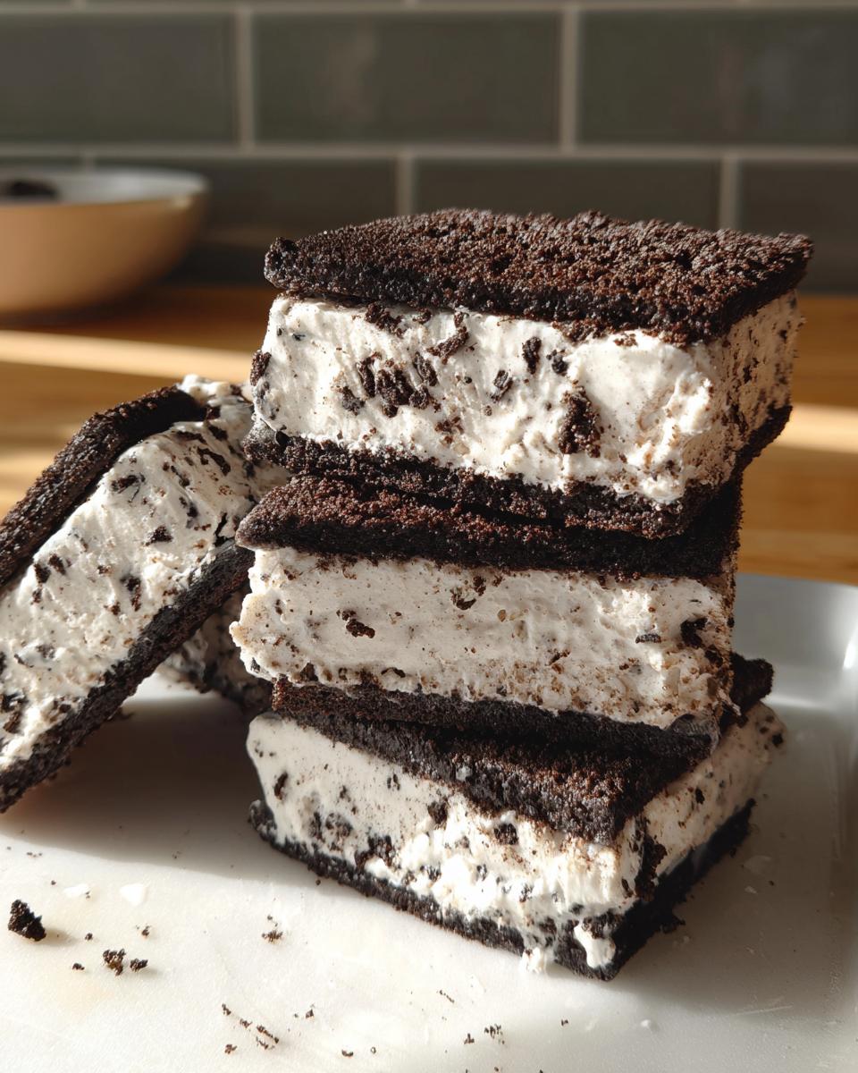 A stack of homemade Oreo Ice Cream Sandwiches, showcasing the creamy ice cream with crushed Oreos between dark chocolate cookies.