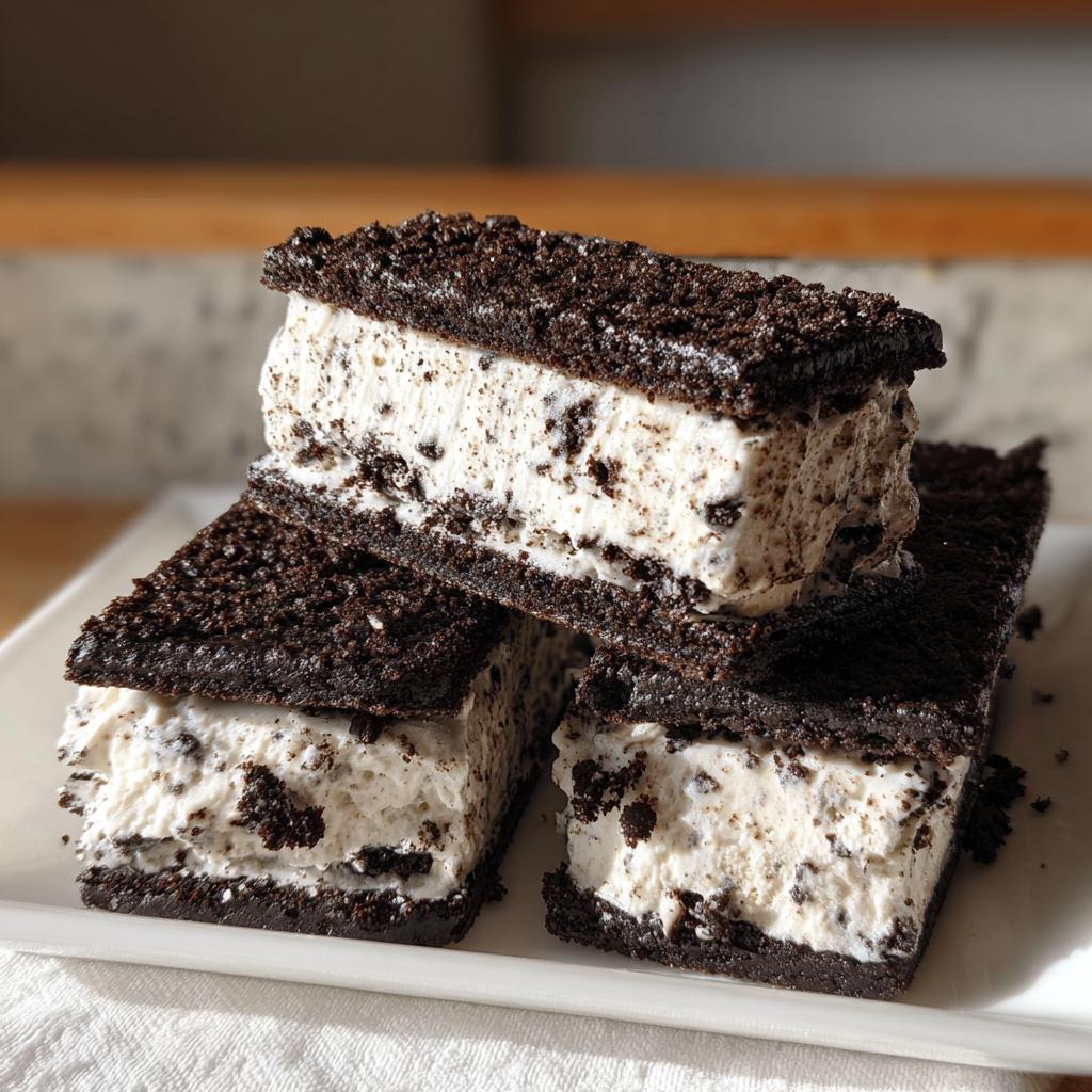 A stack of three homemade Oreo Ice Cream Sandwiches on a white plate, showing the creamy ice cream filling and dark cookie crust.