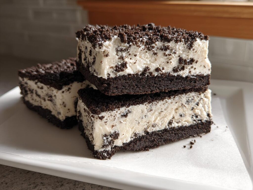 Three stacked Oreo Ice Cream Sandwiches on a white plate, showing layers of chocolate cookie and creamy ice cream with Oreo crumbles.