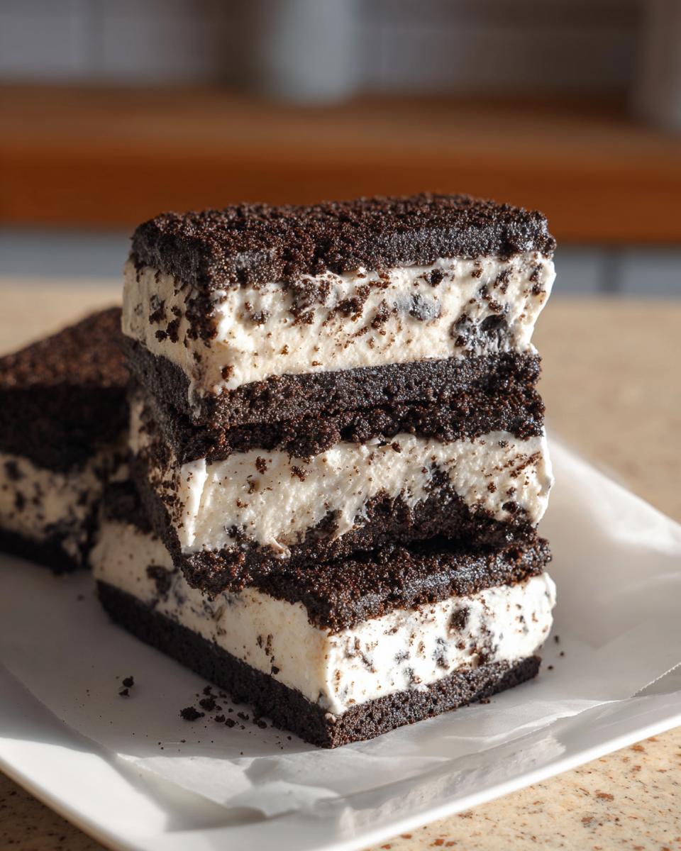 A stack of three homemade Oreo Ice Cream Sandwiches on a white plate, showing layers of chocolate cake and creamy ice cream with Oreo crumbles.