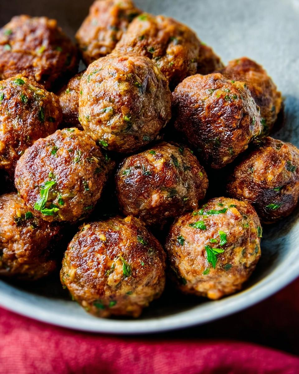 A close-up shot of a bowl overflowing with perfectly browned, oven-baked Homemade Meatballs speckled with green herbs.