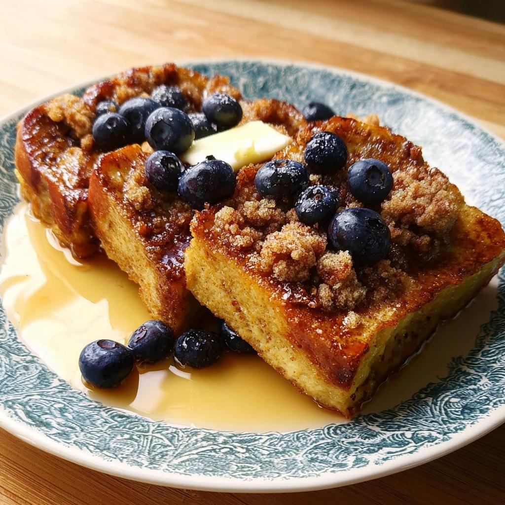 Two slices of golden Overnight French Toast Bake topped with streusel, fresh blueberries, and a pat of melting butter.