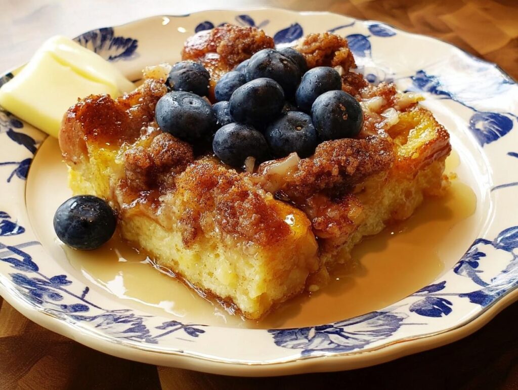 A close-up of a square serving of Overnight French Toast Bake topped with fresh blueberries and syrup.