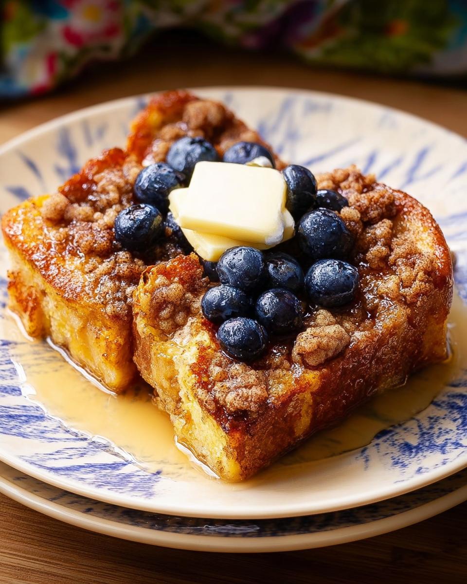 Two squares of Overnight French Toast Bake topped with blueberries, streusel, and a pat of melting butter, sitting in syrup.