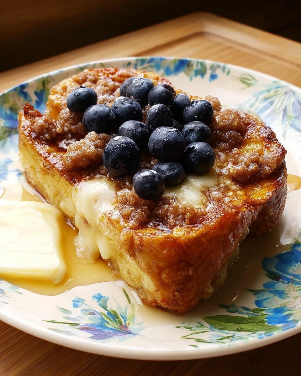 A thick slice of Overnight French Toast Bake topped with fresh blueberries, streusel, and melting butter.