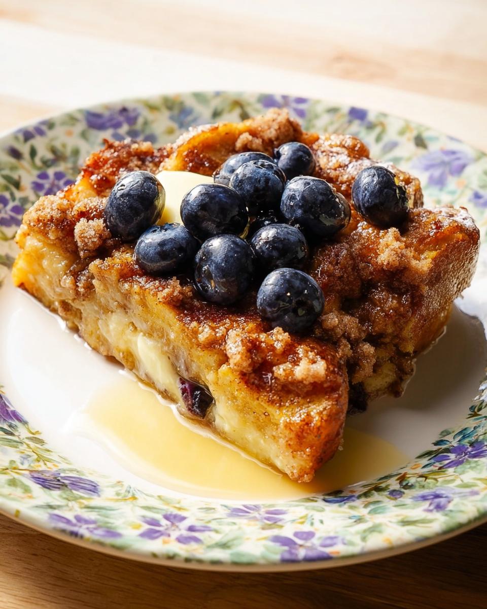 A thick slice of Overnight French Toast Bake topped with fresh blueberries, butter, and syrup.