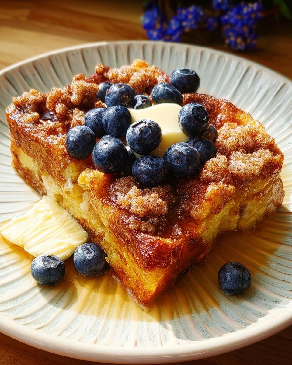 A thick slice of Overnight French Toast Bake topped with streusel, fresh blueberries, and melting butter.