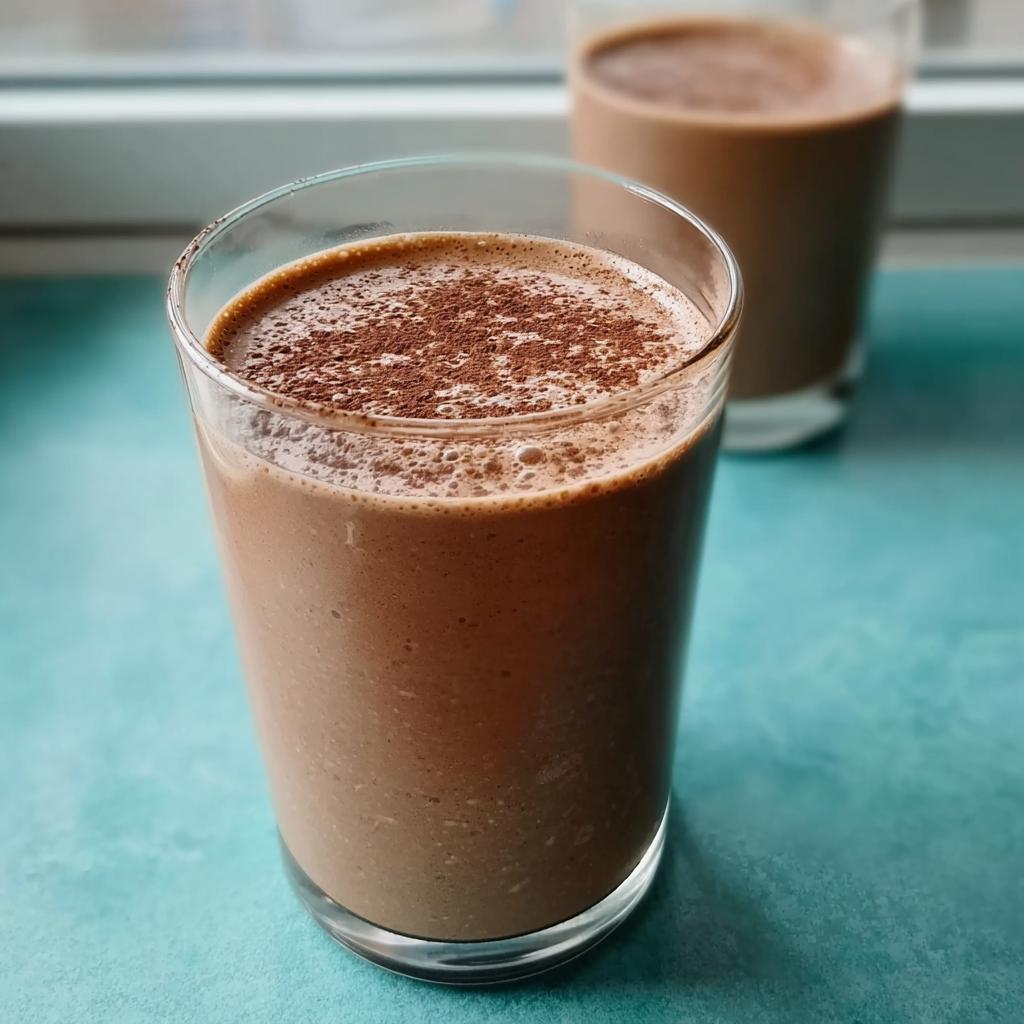 Close-up of a thick, brown Peanut Butter Protein Smoothie topped with cocoa powder in a glass.