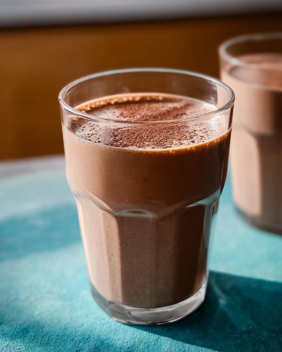 Close-up of a thick, chocolate-colored Peanut Butter Protein Smoothie topped with cocoa powder.