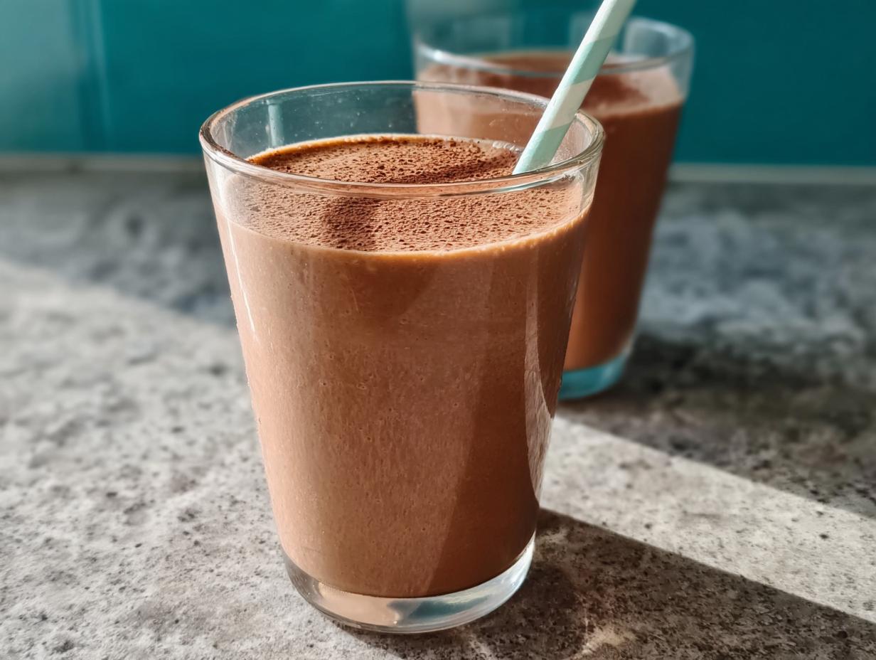 Close-up of a rich, chocolate-brown Peanut Butter Protein Smoothie in a glass with a striped straw.