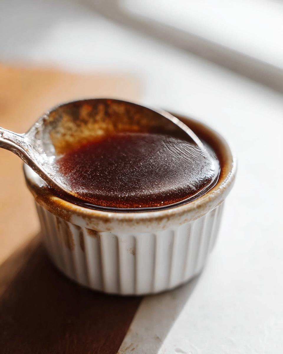 Close-up of rich, dark brown au jus recipe liquid being scooped with a spoon from a white ramekin.