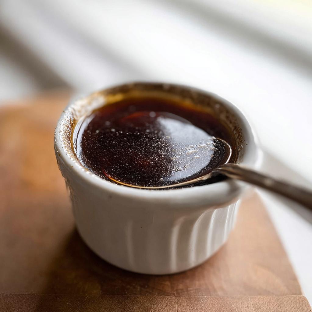 Close-up of rich, dark brown Au Jus Recipe liquid in a white fluted ramekin with a small spoon resting inside.