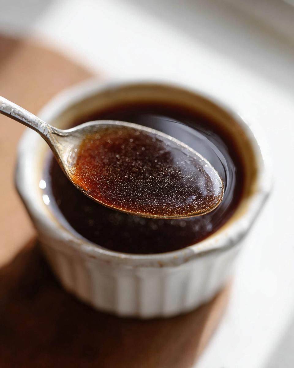 Close-up of a spoonful of rich, dark Au Jus being lifted from a white ramekin.