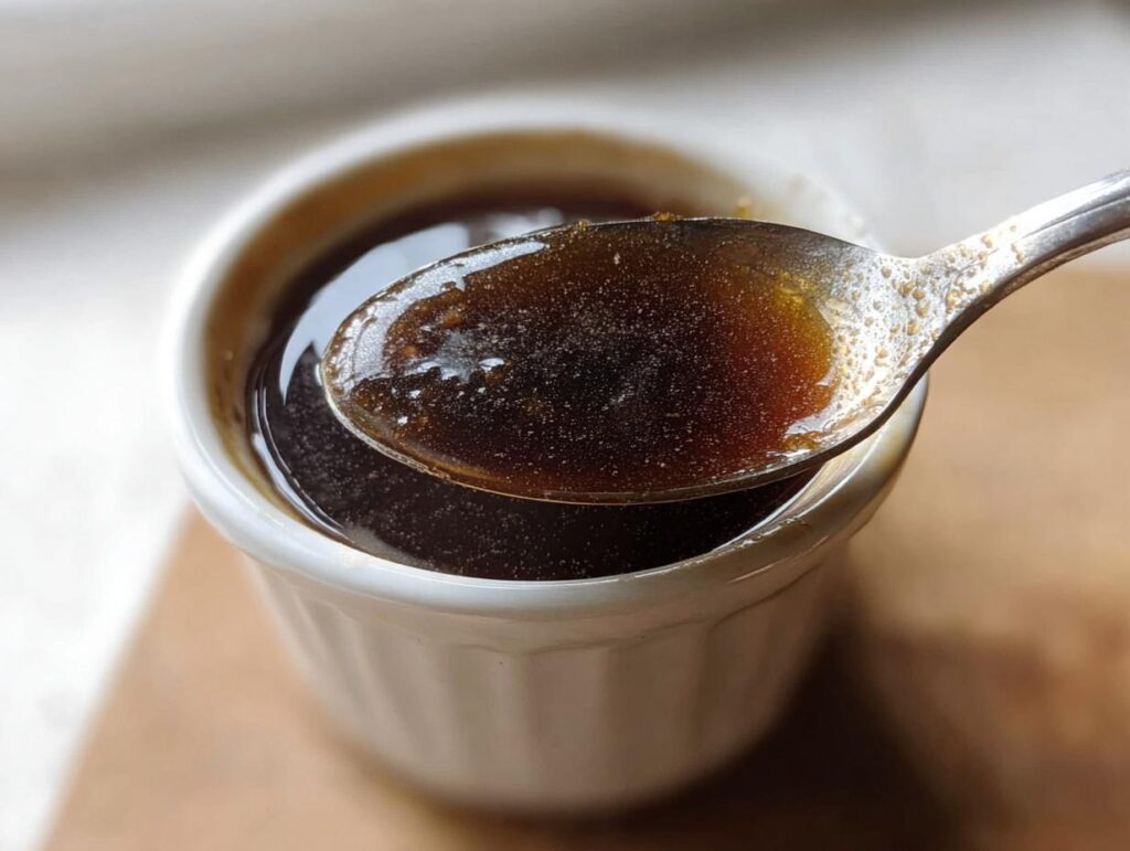 Close-up of a spoonful of rich, dark brown liquid from a small white ramekin, illustrating the perfect Au Jus recipe.