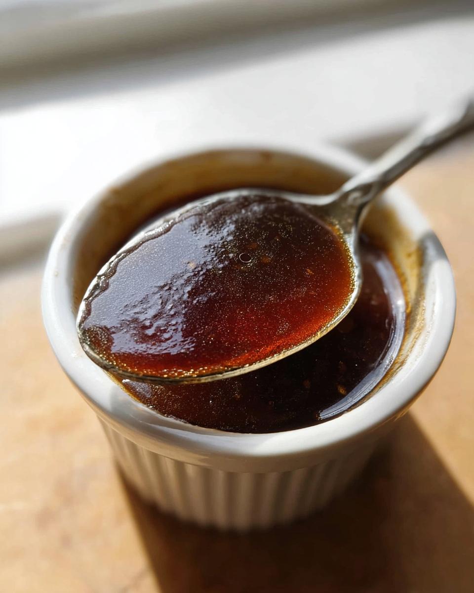 Close-up of a spoonful of rich, dark brown Au Jus Recipe liquid being lifted from a white ramekin.