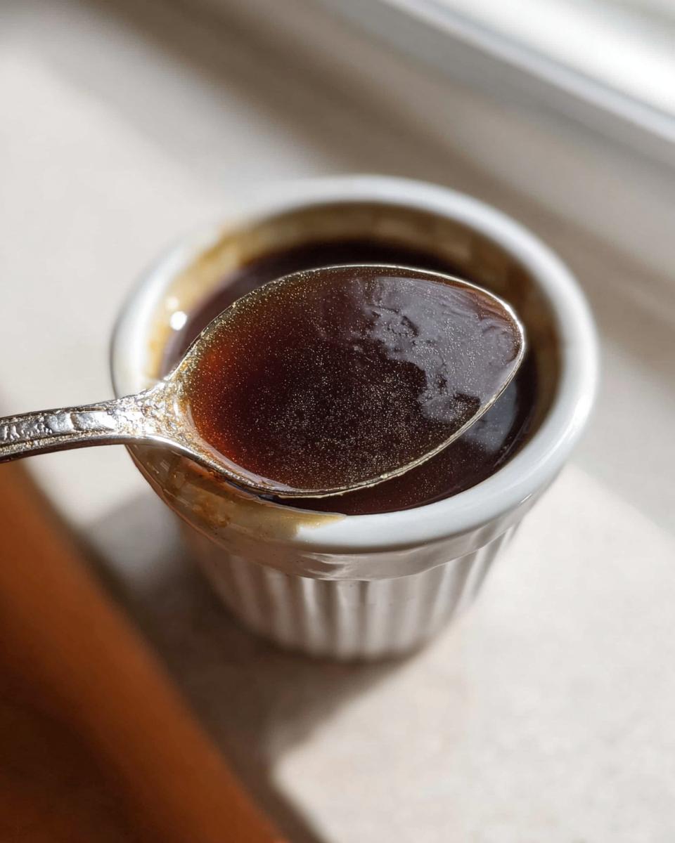Close-up of a spoonful of rich, dark brown Au Jus Recipe liquid being lifted from a small white ramekin.