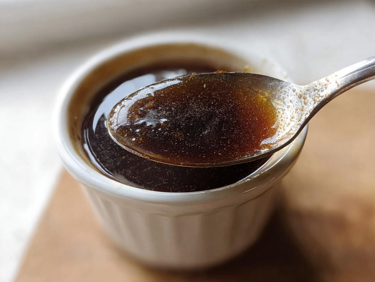 Close-up of a spoonful of rich, dark brown liquid from a small white ramekin, illustrating the perfect Au Jus recipe.
