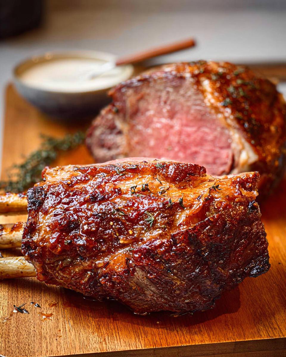A thick, juicy slice of Perfect Prime Rib with a dark, glazed crust resting on a wooden board.